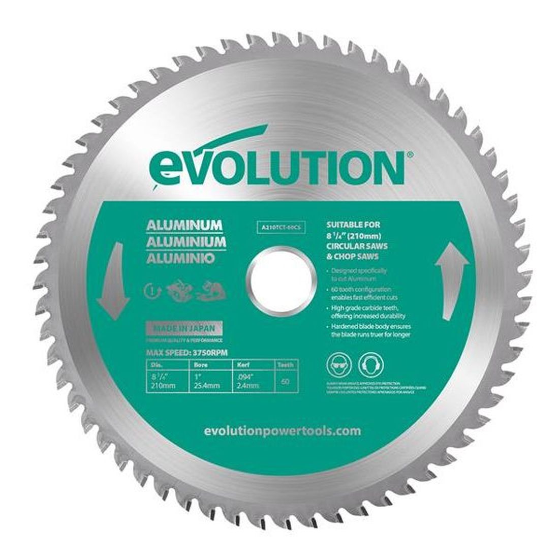 Evolution Aluminium Cutting Circular Saw Blade 210 x 25.4mm x 60T                         
