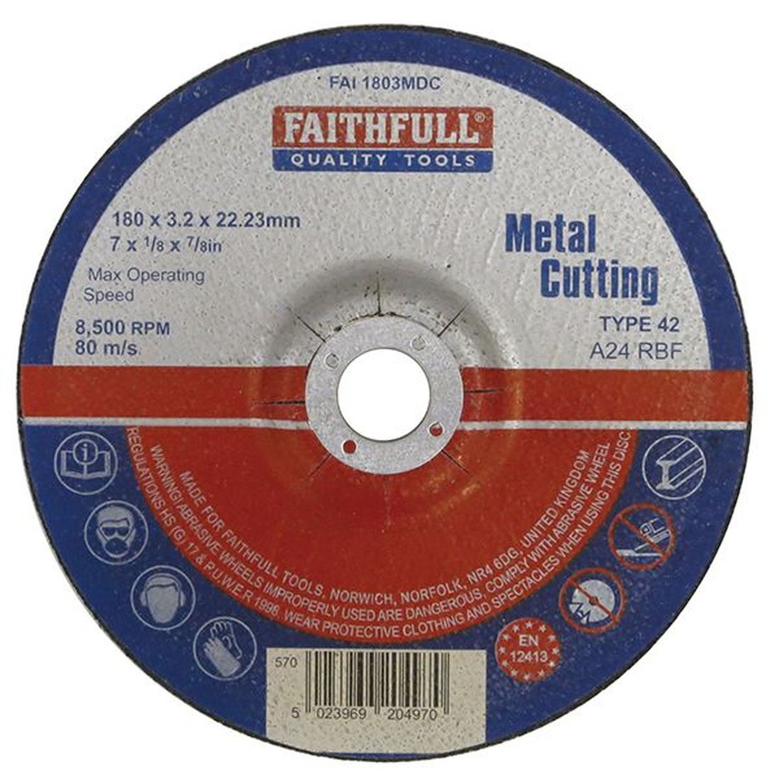 Faithfull Depressed Centre Metal Cutting Disc 180 x 3.2 x 22.23mm                         