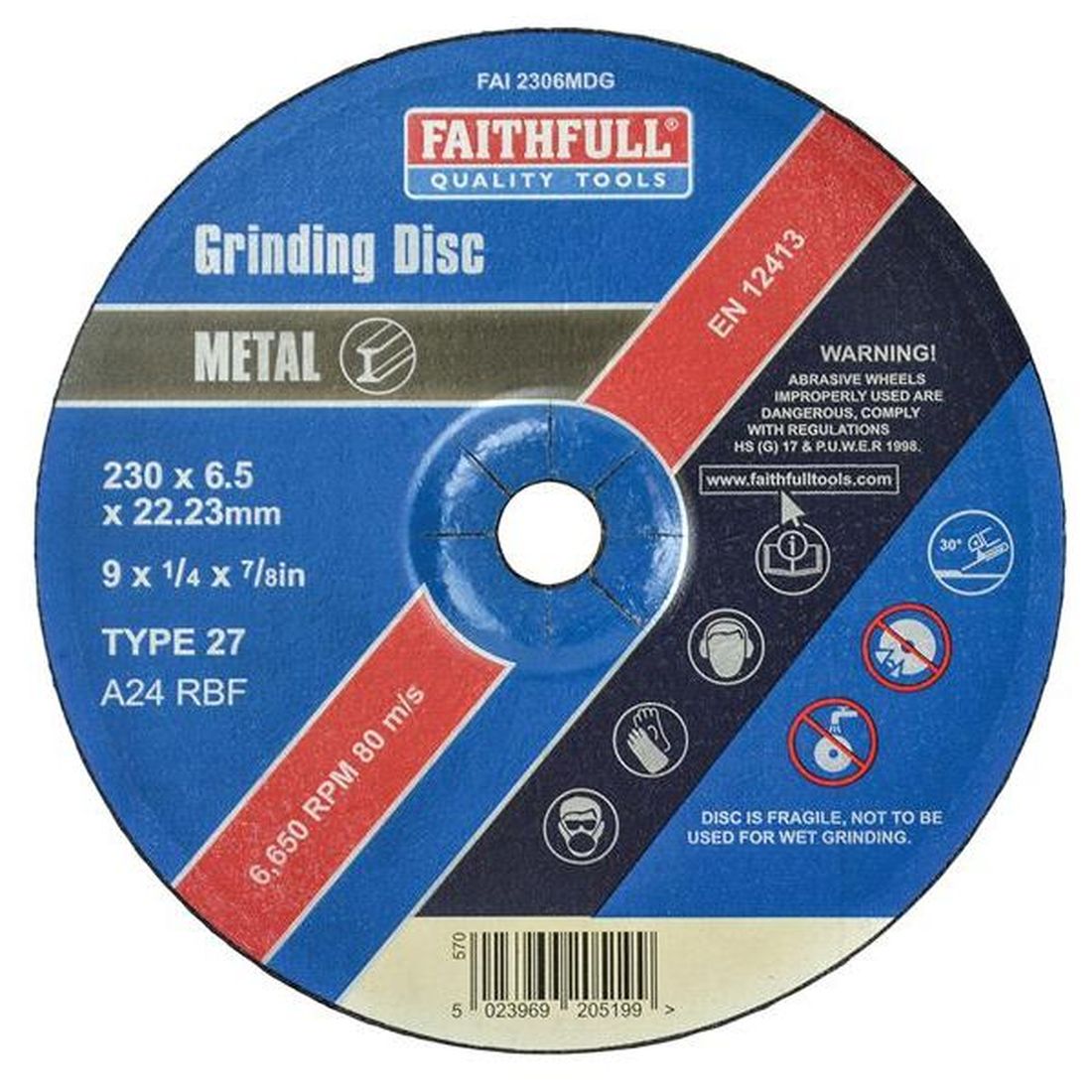 Faithfull Depressed Centre Metal Grinding Disc 230 x 6.4 x 22.23mm                        