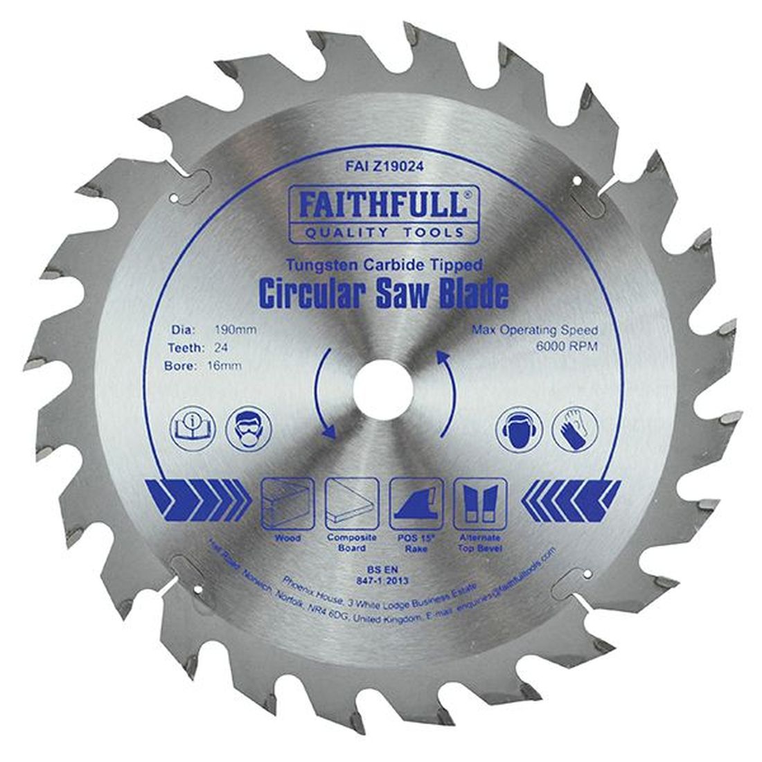 Faithfull TCT Circular Saw Blade 190 x 16mm x 24T POS                                     