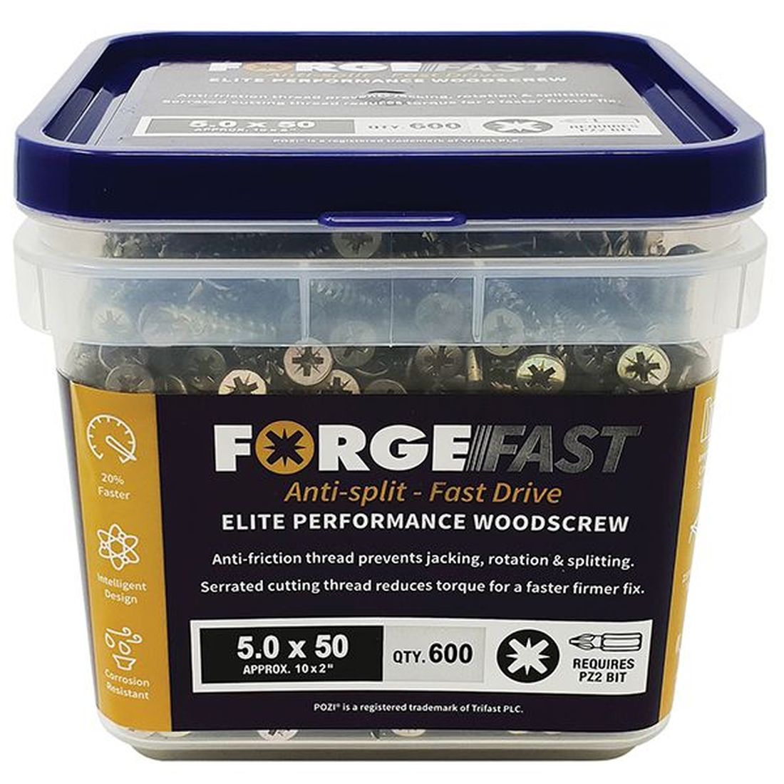 ForgeFix ForgeFast Pozi Compatible Elite Performance Wood Screw ZY 5.0 x 50mm Tub 600    