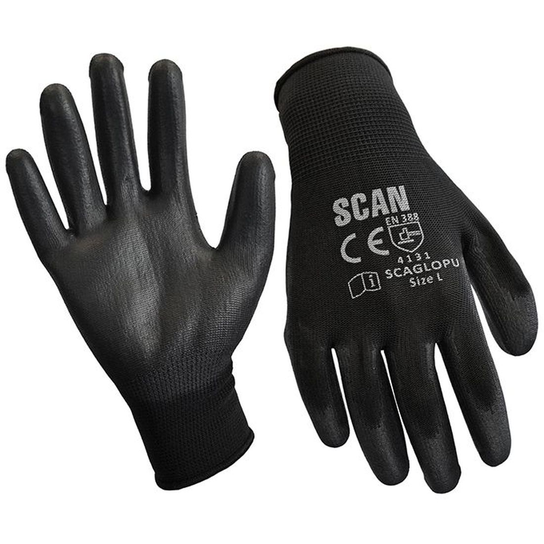Scan Black PU Coated Gloves - L (Size 9) (240 Pairs)                                 