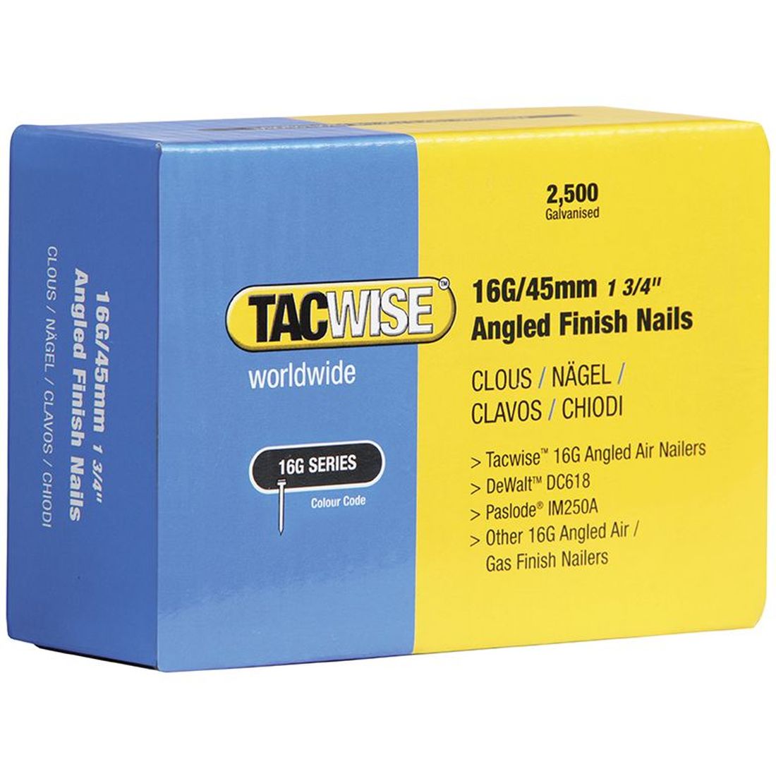 Tacwise 16G Angled Finish Nails63mm for DC618K (Pack 2500)                              