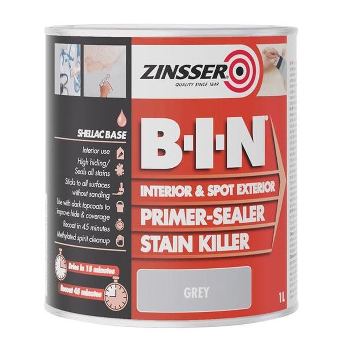 Zinsser B.I.N Primer, Sealer & Stain Killer Paint Grey 1 litre                         