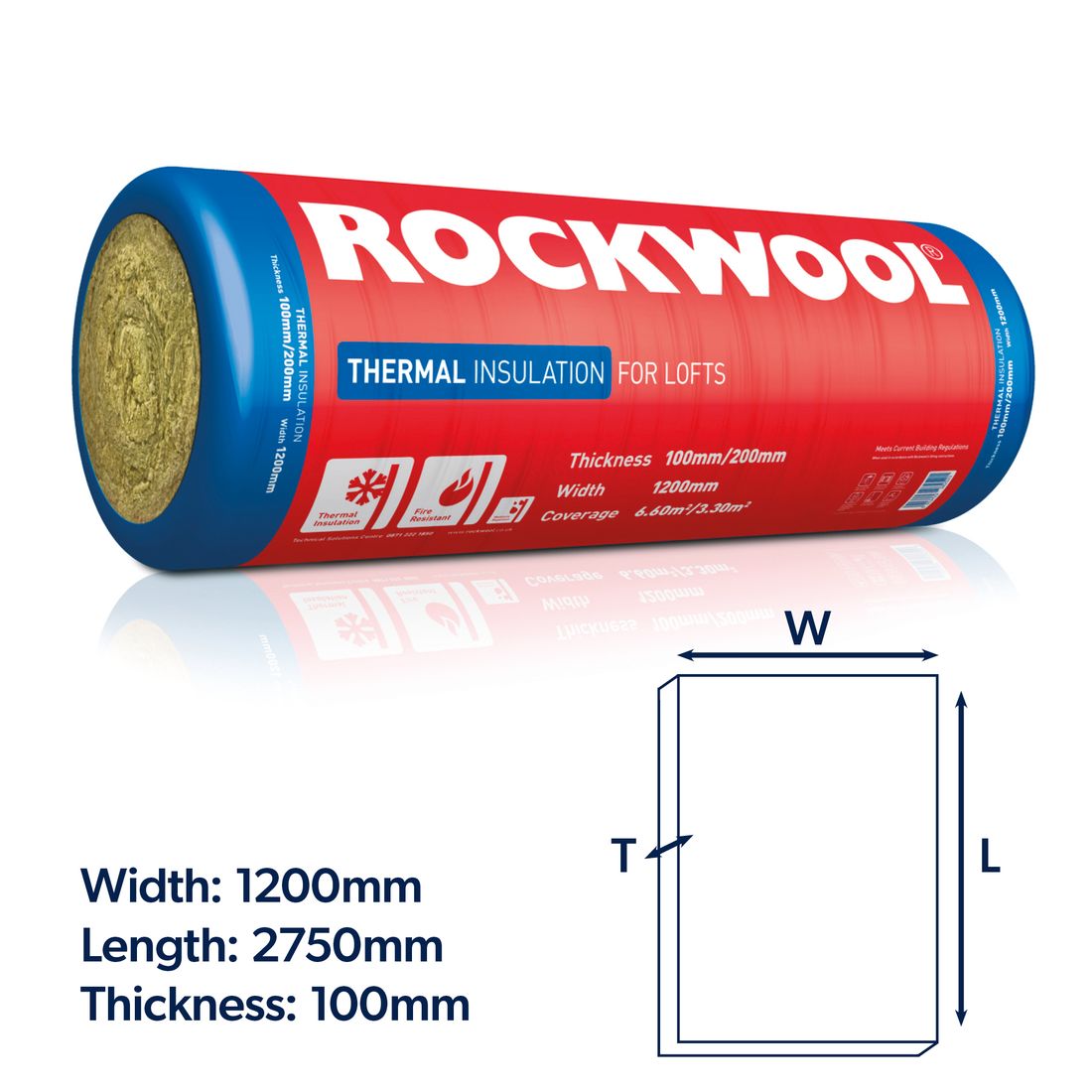 Rockwool Thermal Loft Roll 100Mm 6.6M2 Or 200Mm 3.3M2