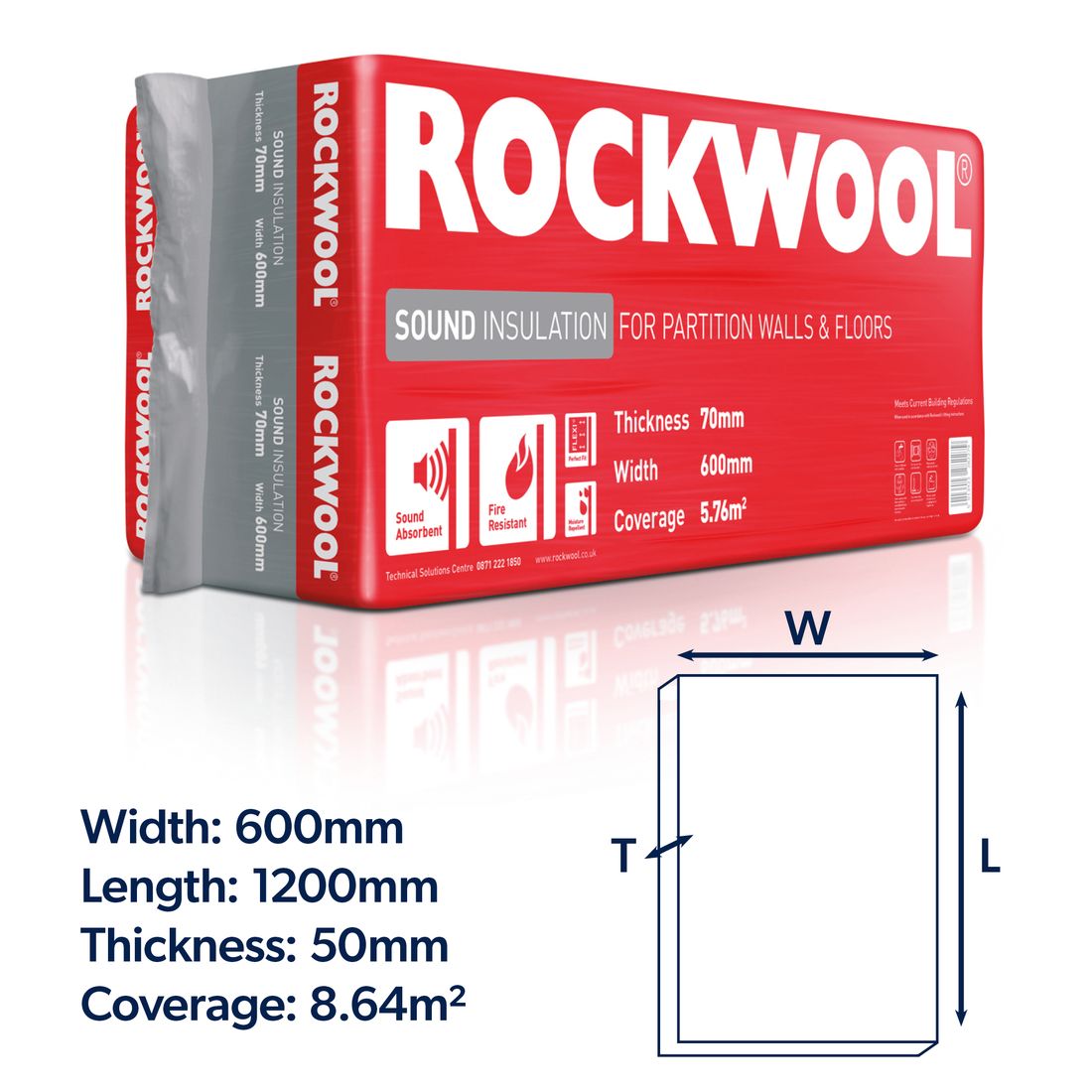 Rockwool Sound Insulation Slab 1200 X 600 X 50Mm Pk12 8.64M2