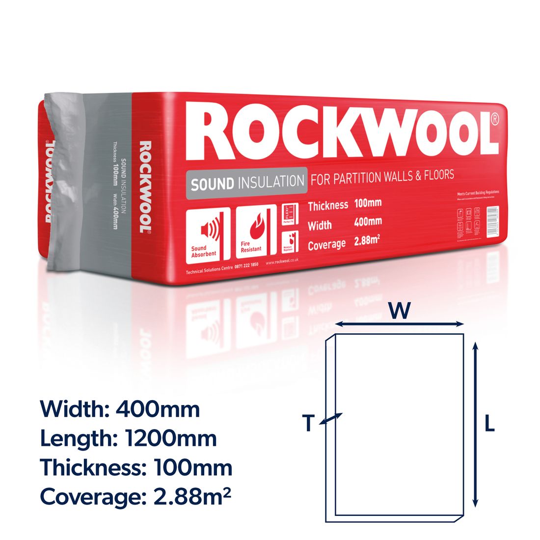 Rockwool Sound Insulation Slab 1200 X 400 X 100Mm Pk6 2.88M2